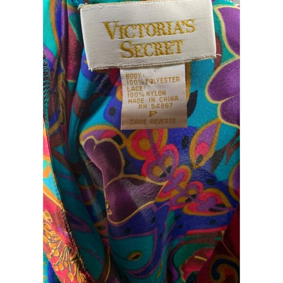 VTG 80s Victorias Secret Gold Label Floral Satin Chemise Lace Trim P Nightgown - Picture 3 of 4